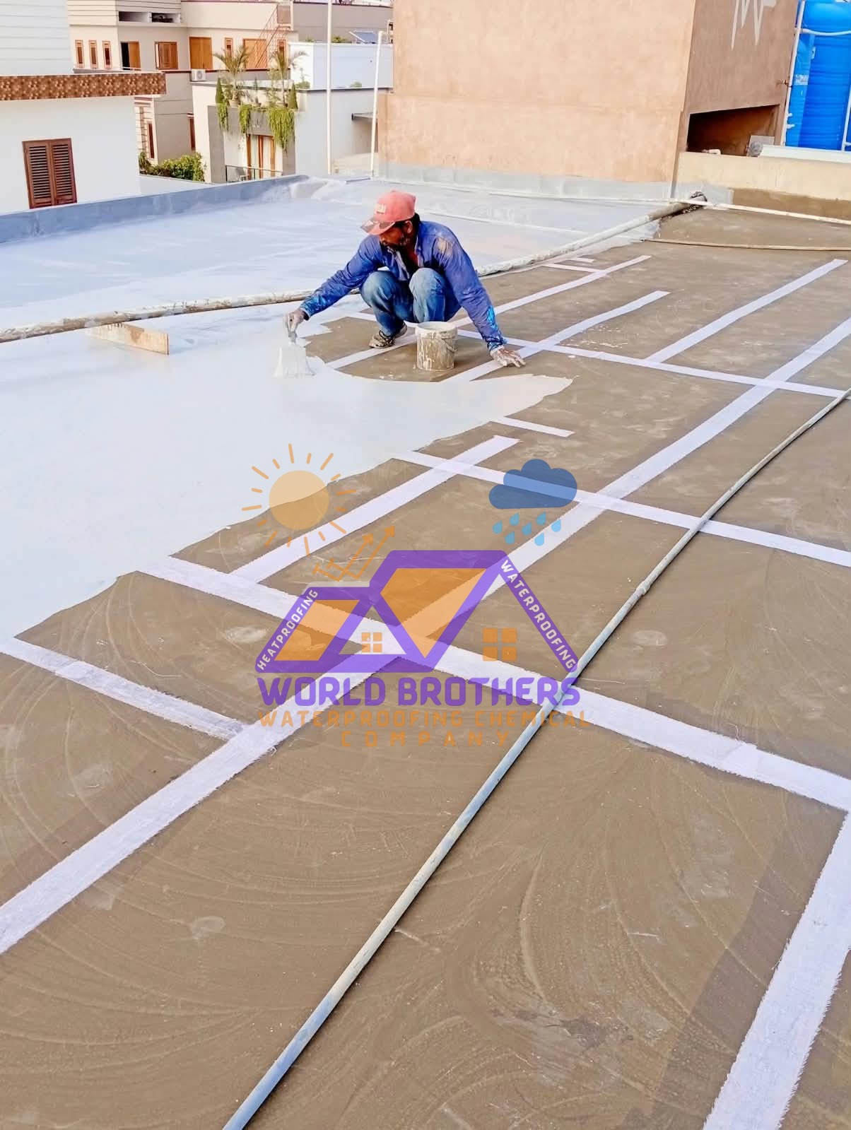 Rooftop treated with grey elastomeric low canvas waterproofing coating
